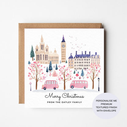 Personalized London Christmas Card: Watercolour Big Ben, Snow Scene