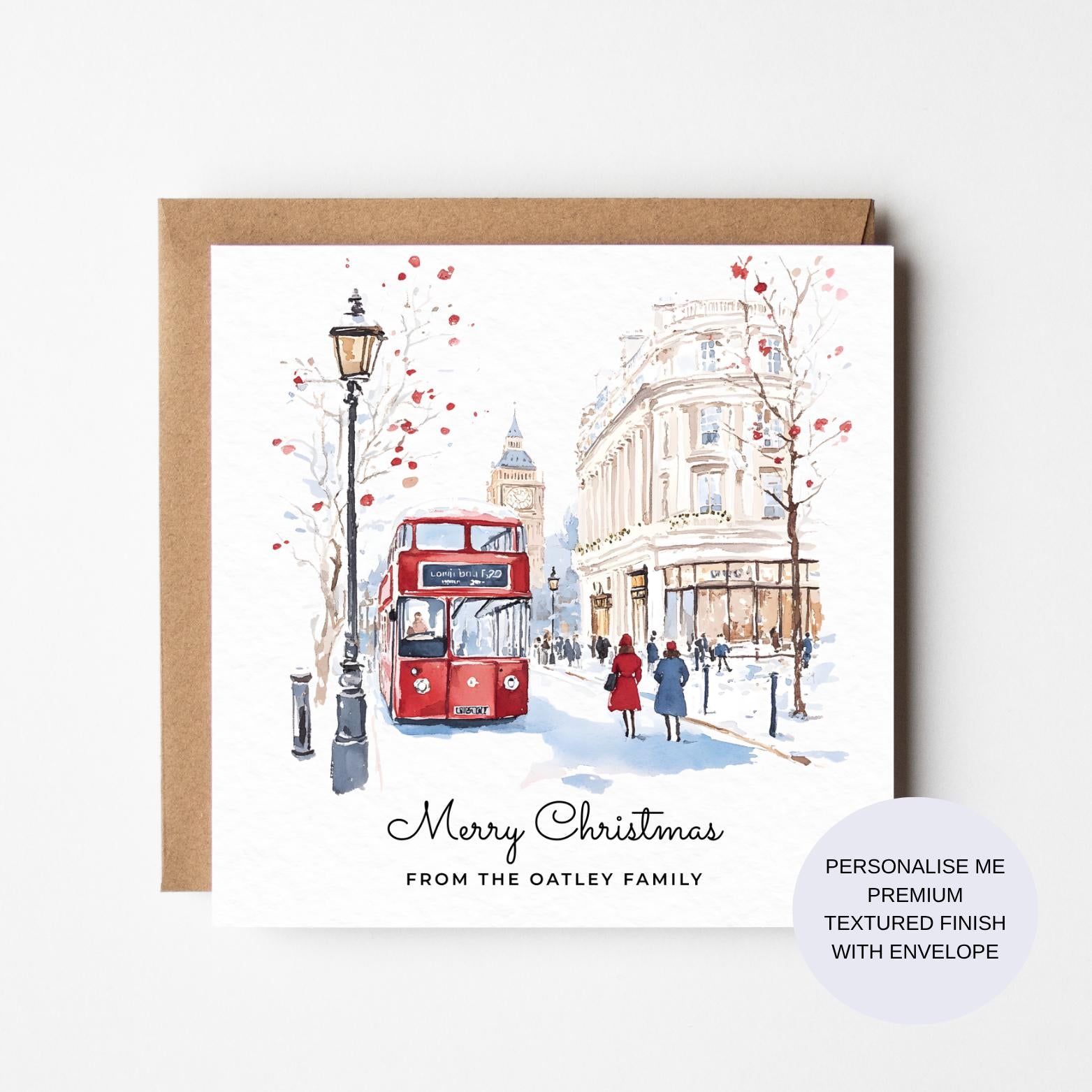 Personalized London Christmas Card: Watercolor Red Bus & Big Ben