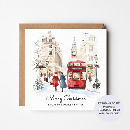 Personalized London Christmas Card: Watercolour Red Bus, Snow