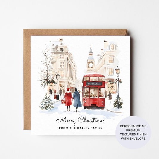 Personalized London Christmas Card: Watercolour Red Bus, Snow