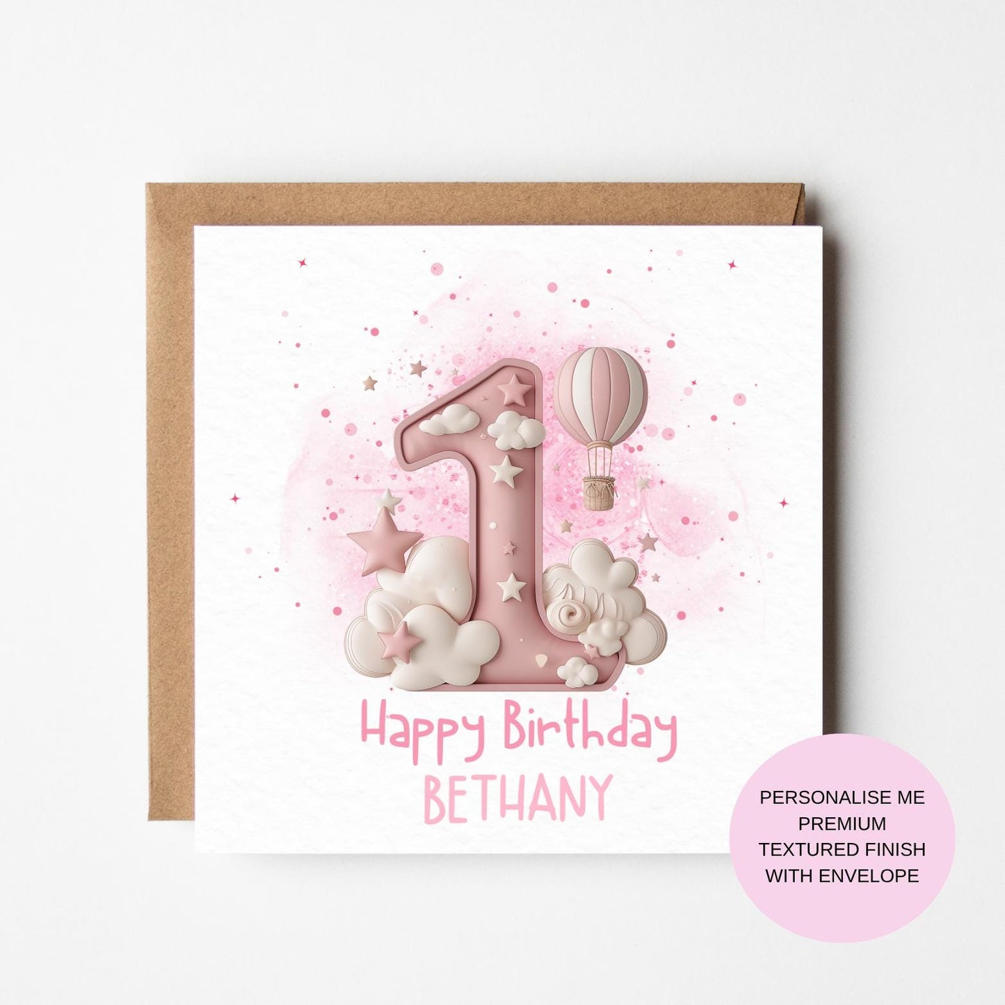 Personalized Pink Birthday Card: Balloons and Clouds Theme