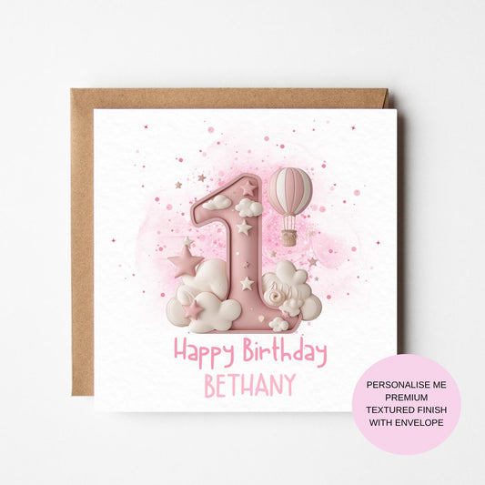 Personalized Pink Birthday Card: Balloons and Clouds Theme
