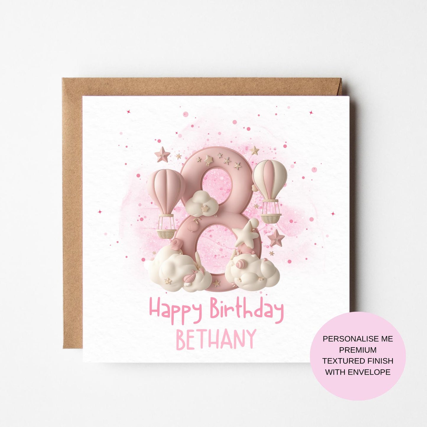 Personalized Girl's Birthday Card: Pink Balloons & Clouds