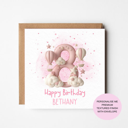 Personalized Girl's Birthday Card: Pink Balloons & Clouds