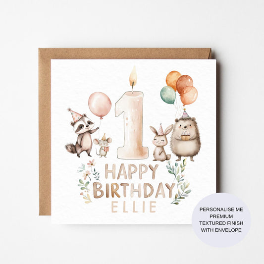 Personalized Animal Birthday Card: Watercolor Woodland Animals