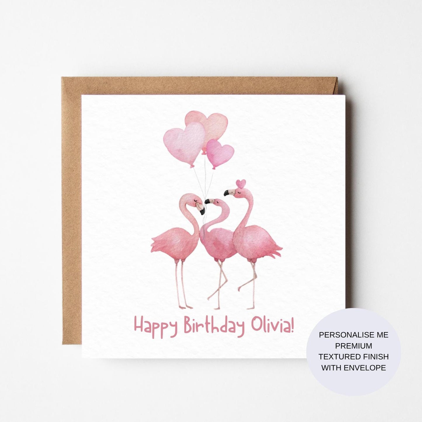 Pink Flamingo Birthday Card | Cute Animal Card | Personalised Watercolour Card | Heart Balloon Card | Premium Textured Finish