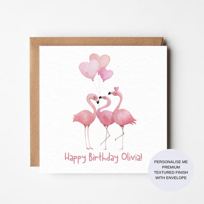 Pink Flamingo Birthday Card | Cute Animal Card | Personalised Watercolour Card | Heart Balloon Card | Premium Textured Finish
