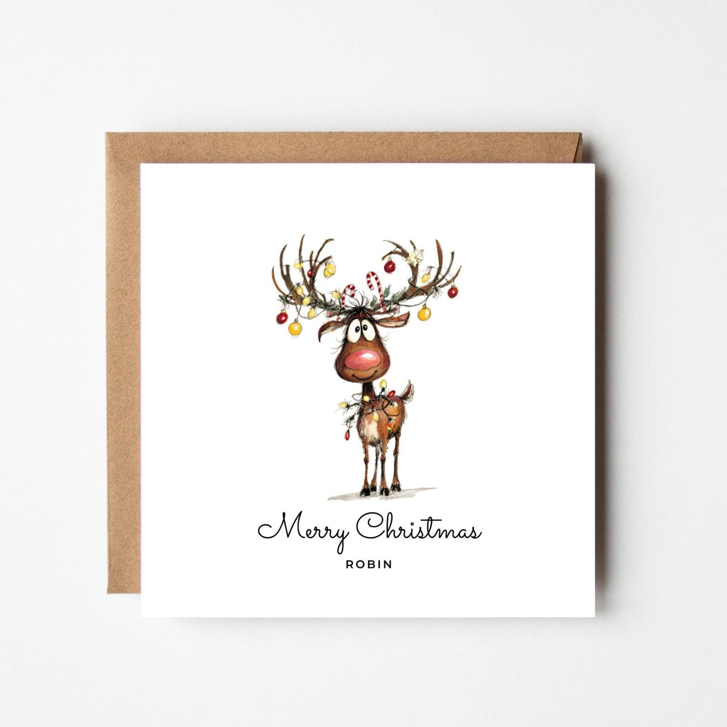 Personalised Rudolph Christmas Card – Cute Funny Xmas Card with Custom Name, Reindeer Holiday Greeting, Festive Card
