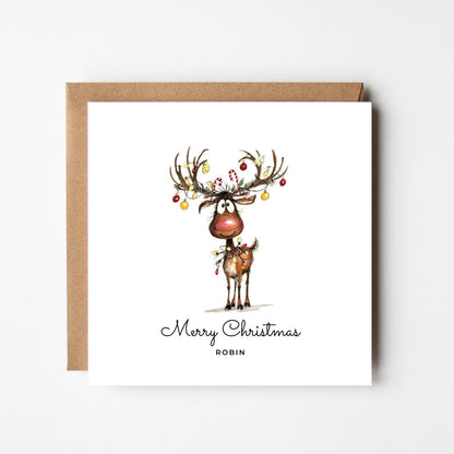 Personalised Rudolph Christmas Card – Cute Funny Xmas Card with Custom Name, Reindeer Holiday Greeting, Festive Card