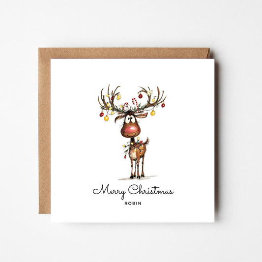 Personalised Rudolph Christmas Card – Cute Funny Xmas Card with Custom Name, Reindeer Holiday Greeting, Festive Card