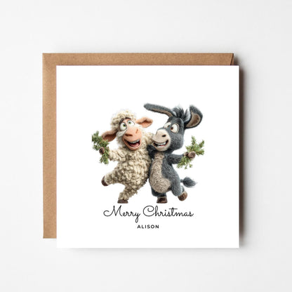 Funny Personalised Christmas Card – Cute Donkey & Sheep Festive Card – Custom Name Holiday Greeting – Unique Handmade Xmas Card