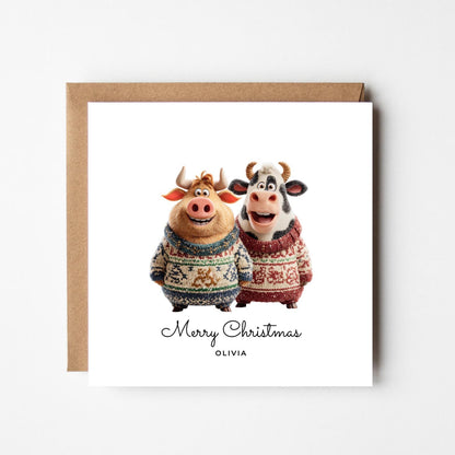 Funny Cow & Bull Personalised Christmas Card – Custom Name Festive Card – Cute Animal Xmas Greeting – Handmade Holiday Card