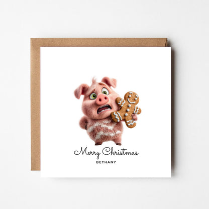 Funny Pig Personalised Christmas Card – Custom Name Holiday Greeting – Cute Gingerbread Animal Xmas Card – Handmade Festive Card