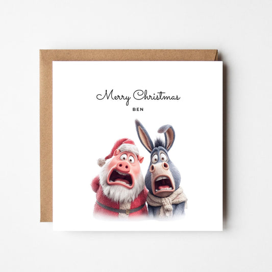 Funny Pig & Donkey Personalised Christmas Card – Custom Name Holiday Greeting – Cute Animal Xmas Card – Handmade Festive Card