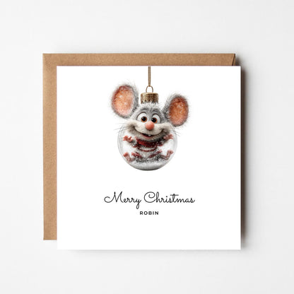 Funny Mouse Bauble Personalised Christmas Card – Custom Name Holiday Greeting – Cute Animal Xmas Decoration – Handmade Festive Card