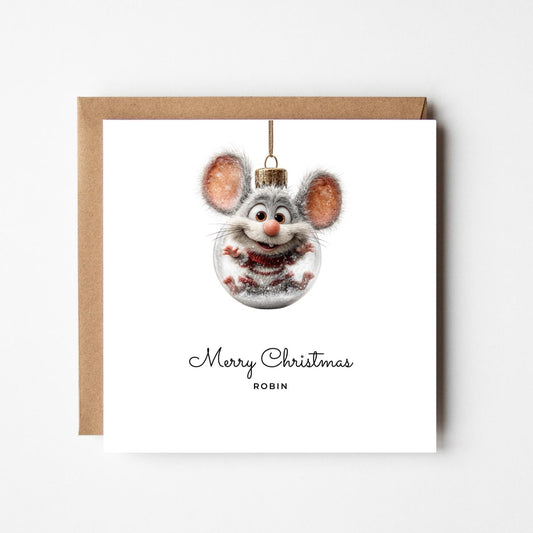 Funny Mouse Bauble Personalised Christmas Card – Custom Name Holiday Greeting – Cute Animal Xmas Decoration – Handmade Festive Card