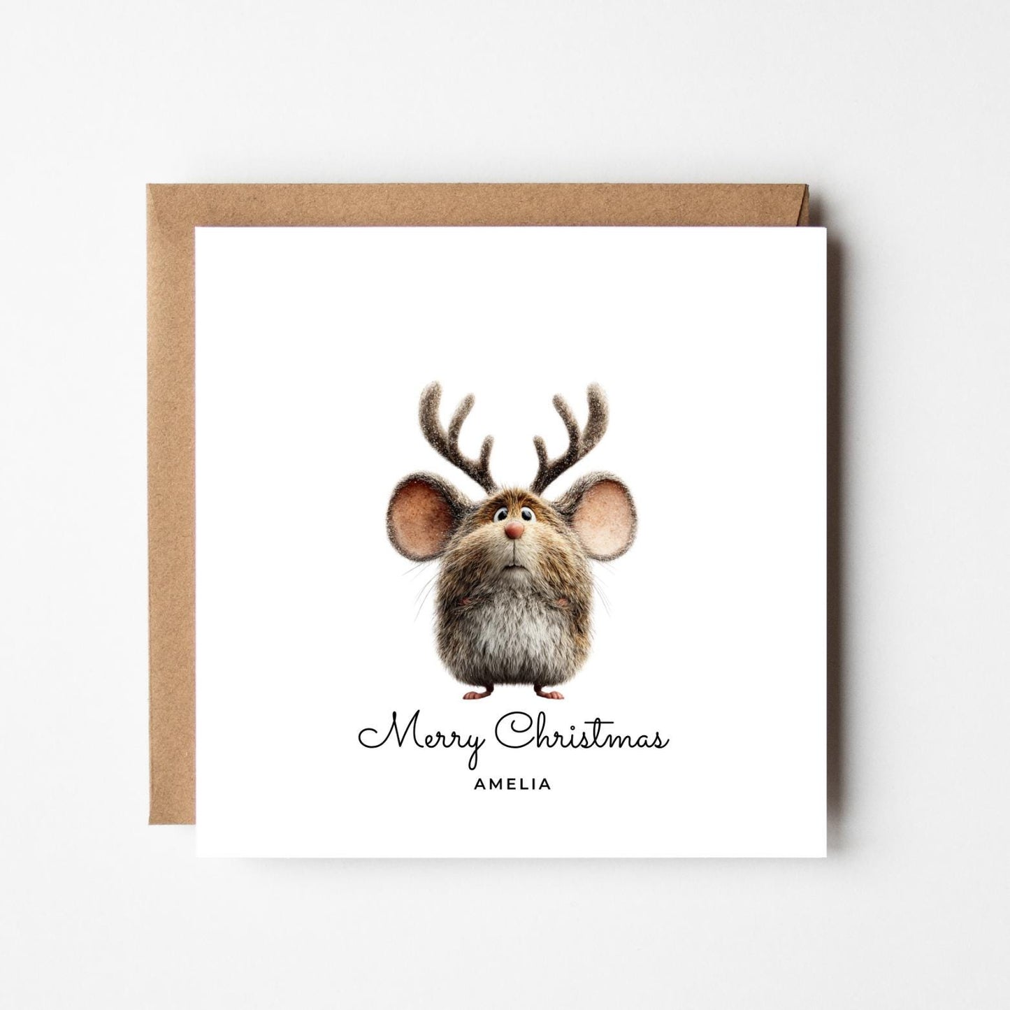 Cute Mouse with Antlers Personalised Christmas Card – Custom Name Holiday Greeting – Funny Animal Xmas Card – Handmade Festive Card