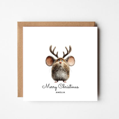 Cute Mouse with Antlers Personalised Christmas Card – Custom Name Holiday Greeting – Funny Animal Xmas Card – Handmade Festive Card