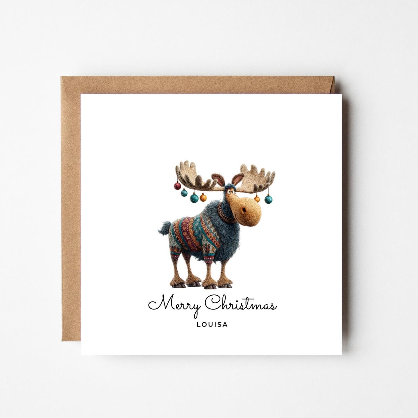 Moose Personalised Christmas Card – Custom Name Holiday Greeting – Funny Animal with Baubles – Cute Handmade Festive Xmas Card