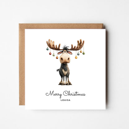 Funny Moose Personalised Christmas Card – Custom Name Holiday Greeting – Cute Animal with Baubles – Handmade Festive Xmas Card