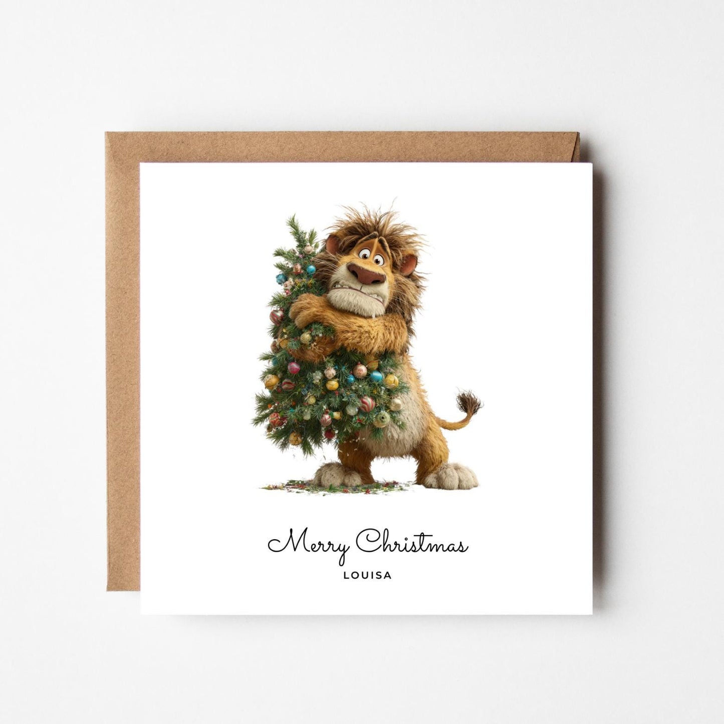 Funny Lion Personalised Christmas Card – Custom Name Holiday Greeting – Cute Animal with Christmas Tree – Handmade Festive Xmas Card