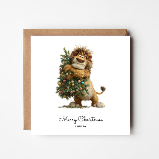 Funny Lion Personalised Christmas Card – Custom Name Holiday Greeting – Cute Animal with Christmas Tree – Handmade Festive Xmas Card