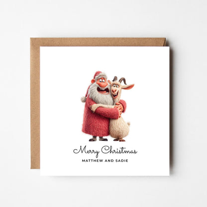 Funny Santa & Goat Personalised Christmas Card – Custom Name Holiday Greeting – Cute Animal Duo Xmas Card – Handmade Festive Card