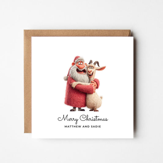 Funny Santa & Goat Personalised Christmas Card – Custom Name Holiday Greeting – Cute Animal Duo Xmas Card – Handmade Festive Card
