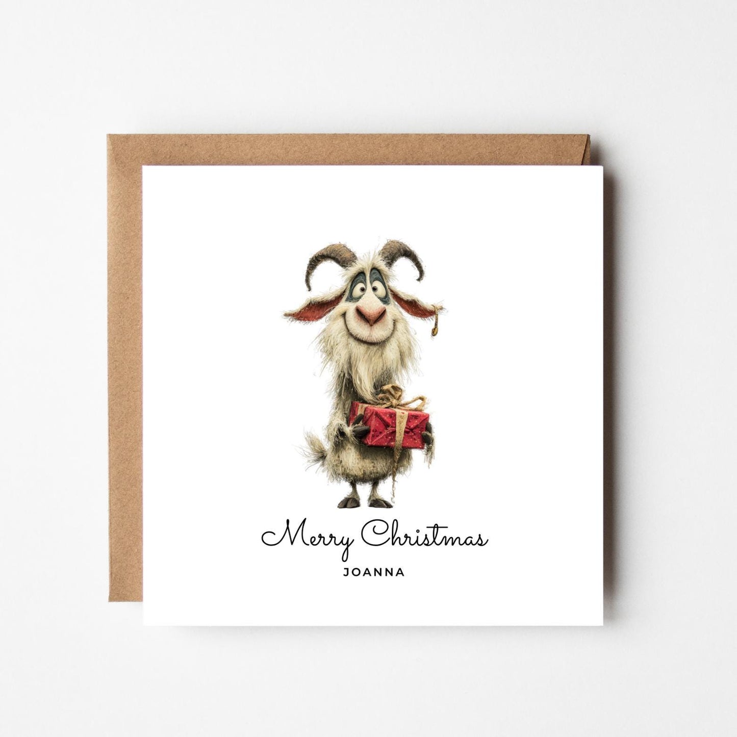 Funny Goat Personalised Christmas Card – Custom Name Holiday Greeting – Cute Animal with Present – Handmade Festive Xmas Card