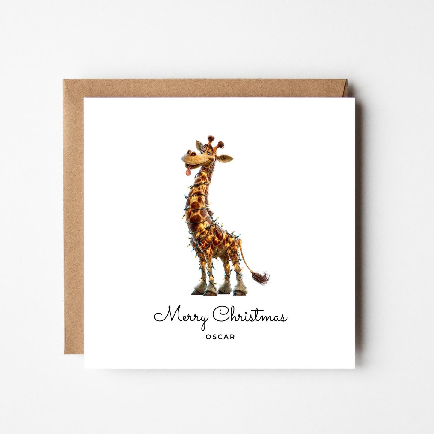 Funny Giraffe Personalised Christmas Card – Custom Name Holiday Greeting – Cute Animal Wrapped in Lights – Handmade Festive Xmas Card