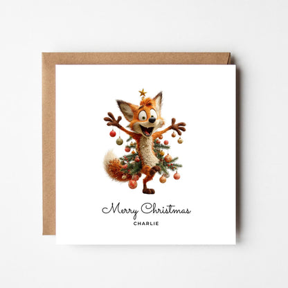 Funny Fox Personalised Christmas Card – Custom Name Holiday Greeting – Cute Animal as Christmas Tree – Handmade Festive Xmas Card