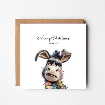 Funny Donkey Personalised Christmas Card – Custom Name Holiday Greeting – Cute Animal with Christmas Lights – Handmade Festive Xmas Card