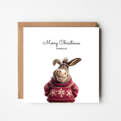 Funny Donkey Personalised Christmas Card – Custom Name Holiday Greeting – Cute Animal in Christmas Jumper – Handmade Festive Xmas Card