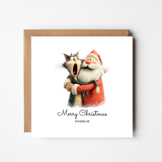 Funny Cat & Santa Personalised Christmas Card – Custom Name Holiday Greeting – Cute Animal Xmas Card – Handmade Festive Card