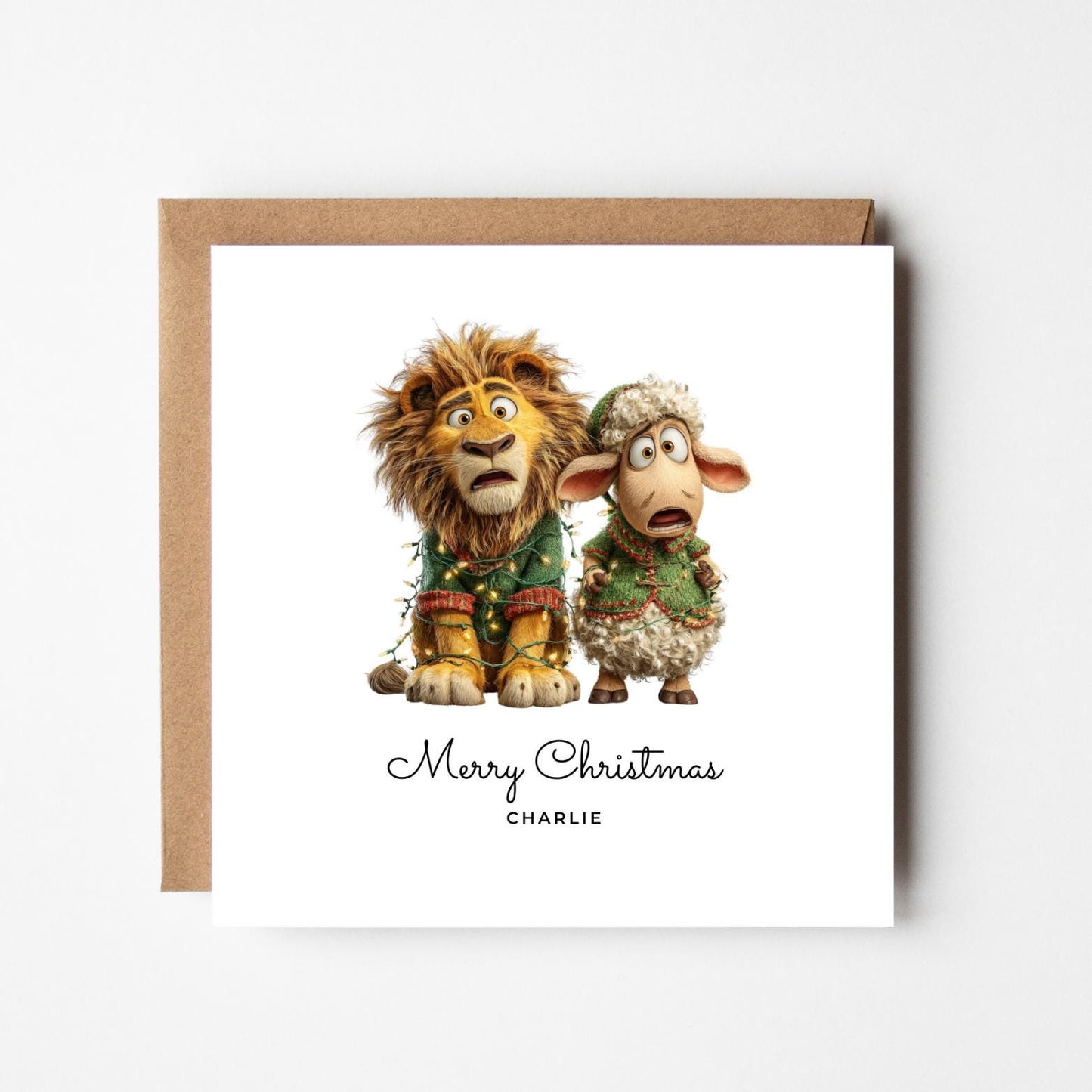 Funny Lion & Sheep Personalised Christmas Card – Custom Name Holiday Greeting – Cute Animal Duo with Lights – Handmade Festive Xmas Card