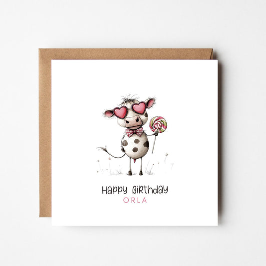 Funny Cow Personalised Birthday Card – Custom Name Greeting – Cute Farm Animal Birthday Card – Handmade Birthday Card