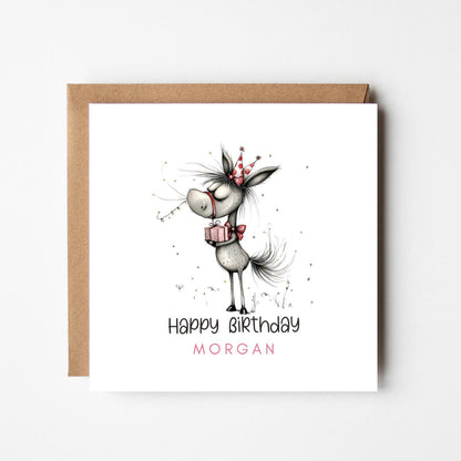Funny Donkey Personalised Birthday Card – Custom Name Greeting – Cute Farm Animal Birthday Card – Handmade Birthday Card