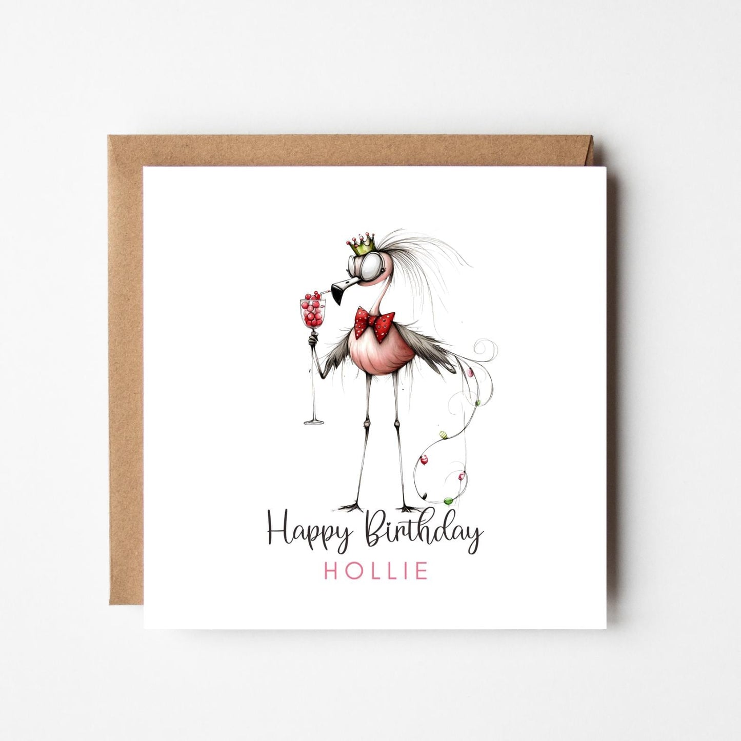 Flamingo Cocktail Personalised Birthday Card – Quirky Animal Birthday Card – Custom Name Greeting – Handmade Birthday Card