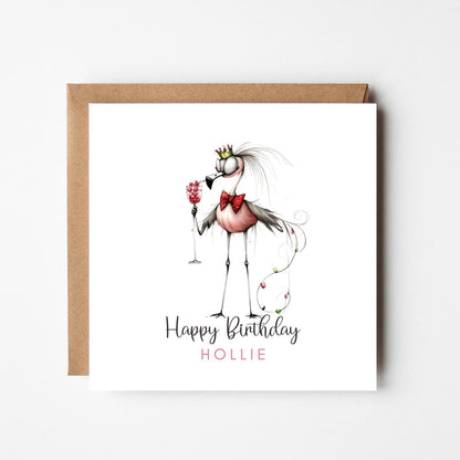 Flamingo Cocktail Personalised Birthday Card – Quirky Animal Birthday Card – Custom Name Greeting – Handmade Birthday Card