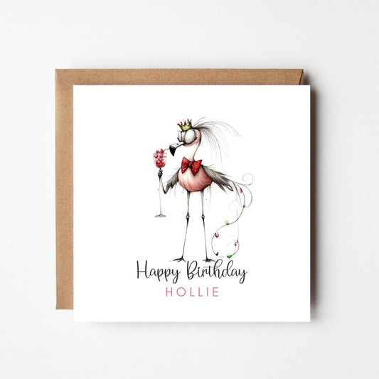 Flamingo Cocktail Personalised Birthday Card – Quirky Animal Birthday Card – Custom Name Greeting – Handmade Birthday Card