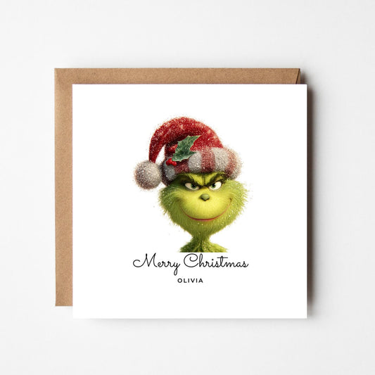 Personalised Grinch Christmas Card – Funny Custom Name Xmas Card – Cheeky Grinch Face Holiday Card – Unique Christmas Greeting
