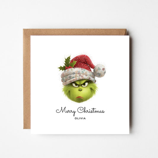 Personalised Grinch Christmas Card – Funny Grumpy Grinch Face – Custom Name Holiday Card – Unique Humour Xmas Greeting