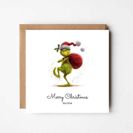 Personalised Grinch Christmas Card – Funny Grinch with Santa Sack – Custom Name Xmas Card – Playful Holiday Greeting