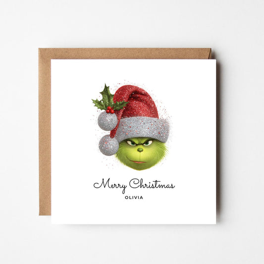 Personalised Grinch Christmas Card – Funny Glitter Hat Grinch – Custom Name Xmas Card – Humorous Holiday Greeting