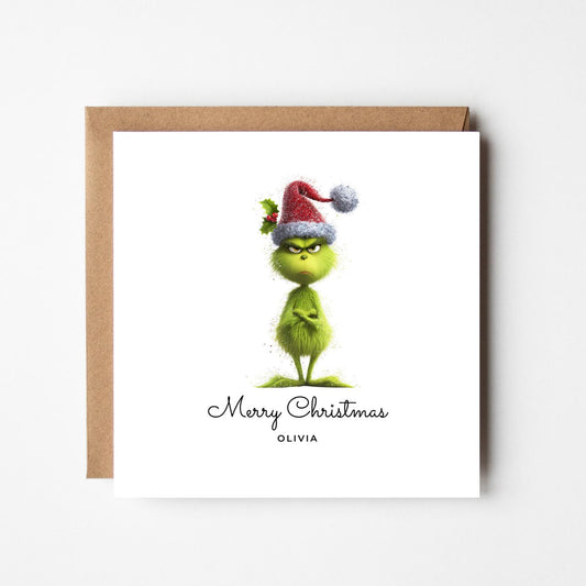 Personalised Grinch Christmas Card – Funny Grumpy Standing Grinch – Custom Name Xmas Card – Humorous Holiday Greeting