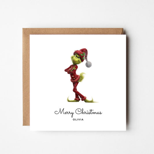 Personalised Grinch Christmas Card – Cute Shy Grinch Pose – Custom Name Xmas Card – Funny Holiday Greeting Card