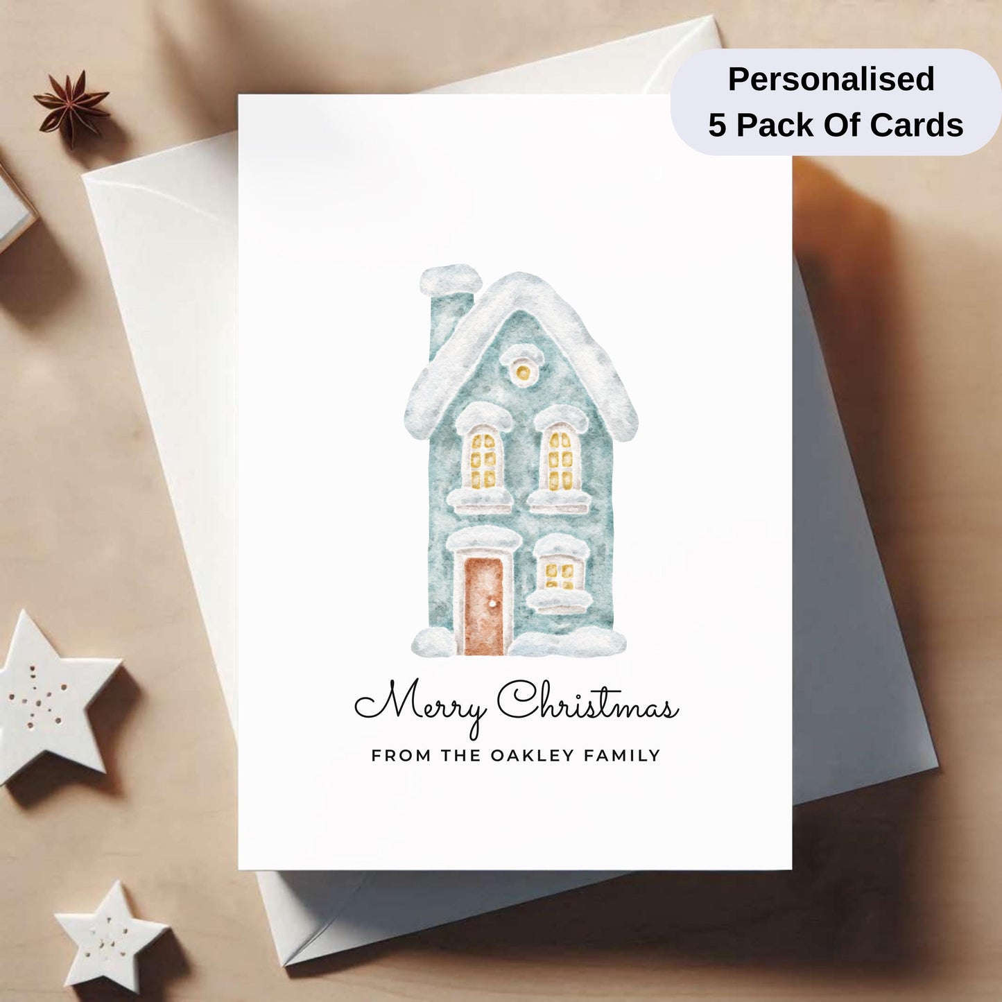 Pack Of 5 Personalised Christmas Cards – Elegant Watercolour Holiday Cards with Envelopes
