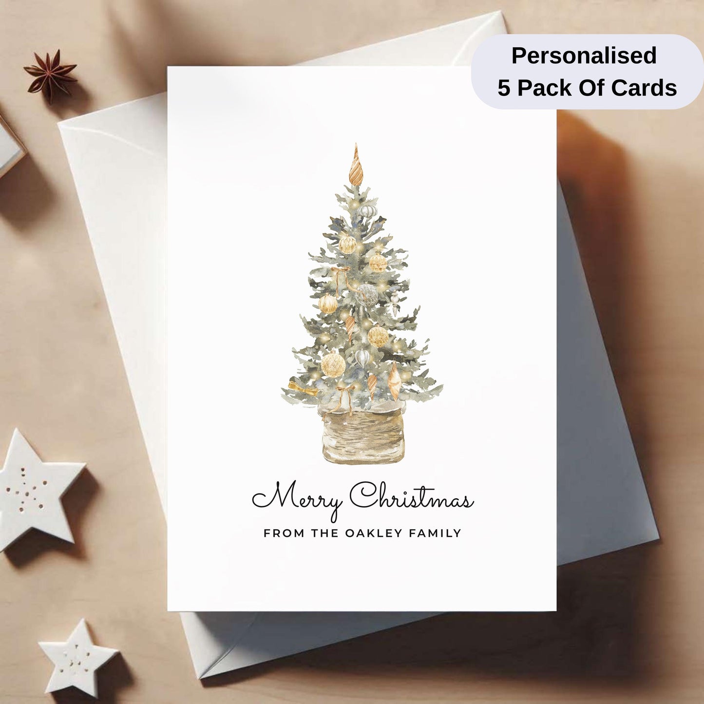 Pack Of 5 Personalised Christmas Cards – Elegant Watercolour Holiday Cards with Envelopes