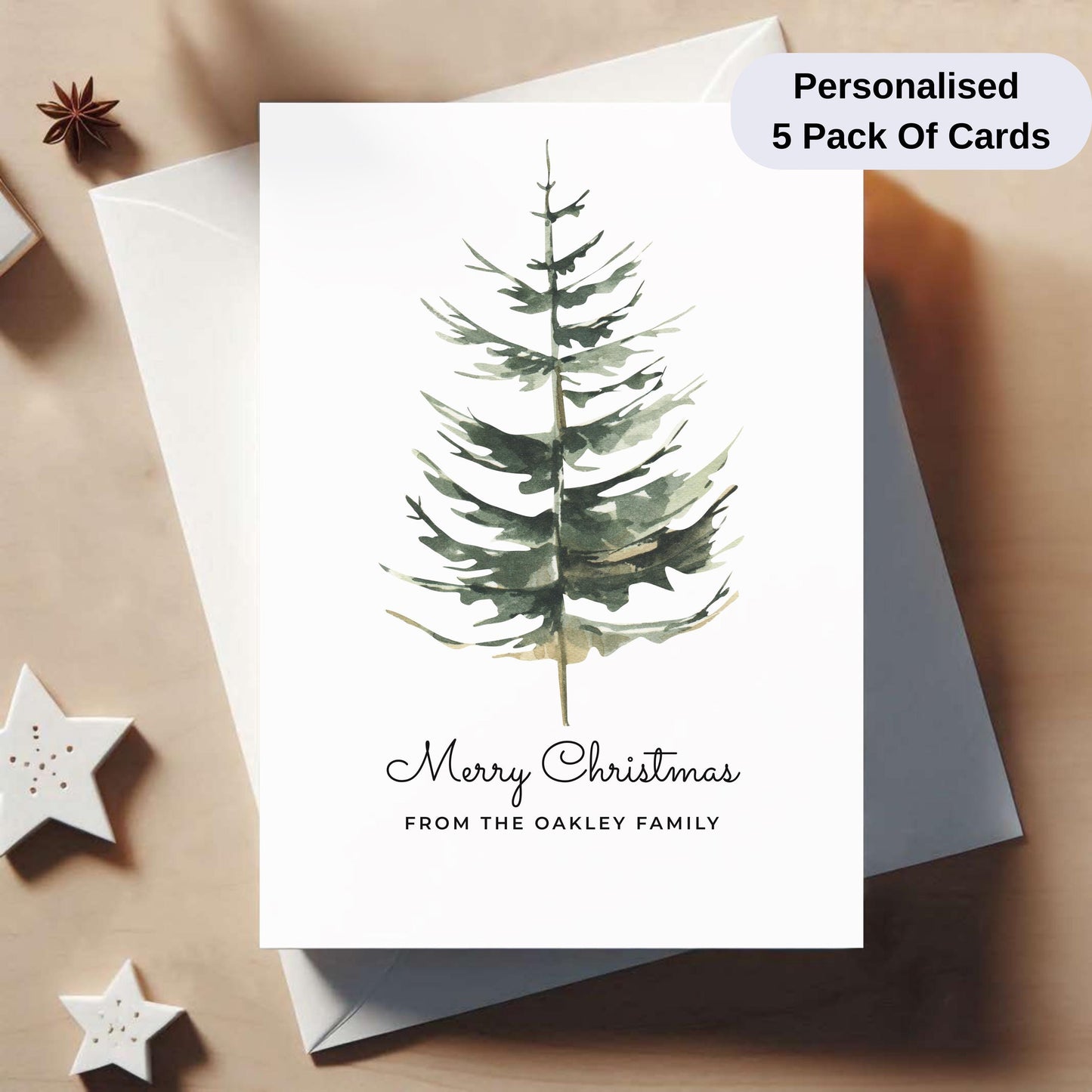 Pack Of 5 Personalised Christmas Cards – Elegant Watercolour Holiday Cards with Envelopes