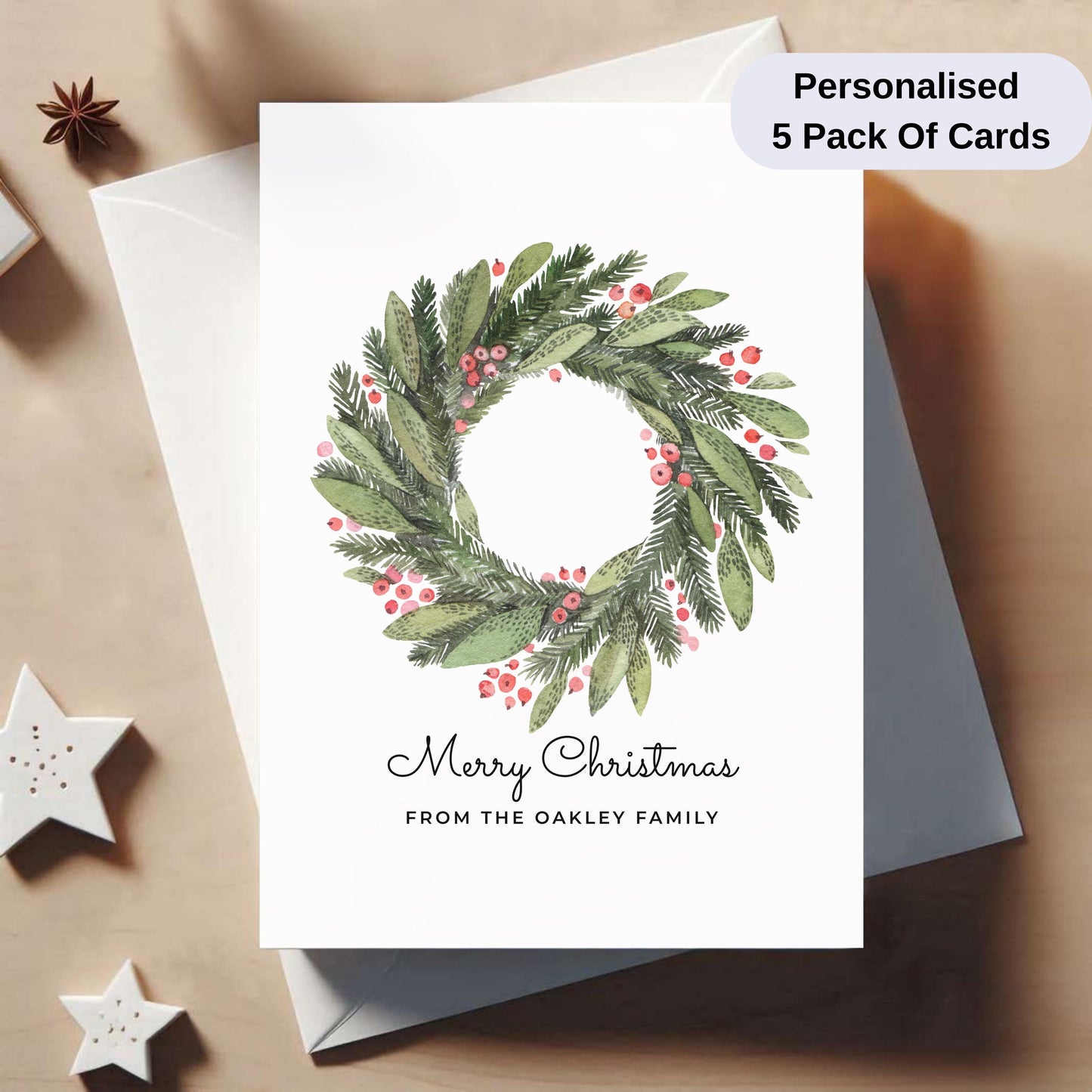 Pack Of 5 Personalised Christmas Cards – Elegant Watercolour Holiday Cards with Envelopes